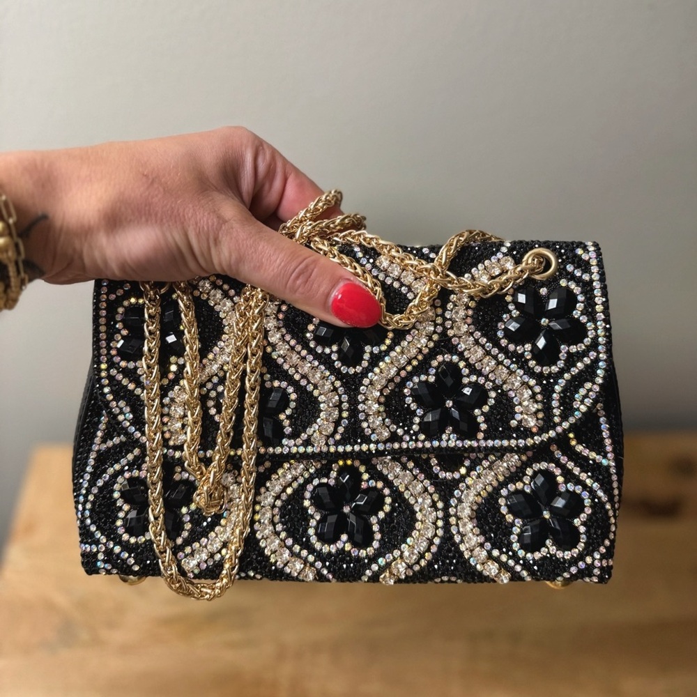 Black Crystal Hand Beaded Evening Bag w/ Gold Chain NEW Handbag Clutch Purse Lrg